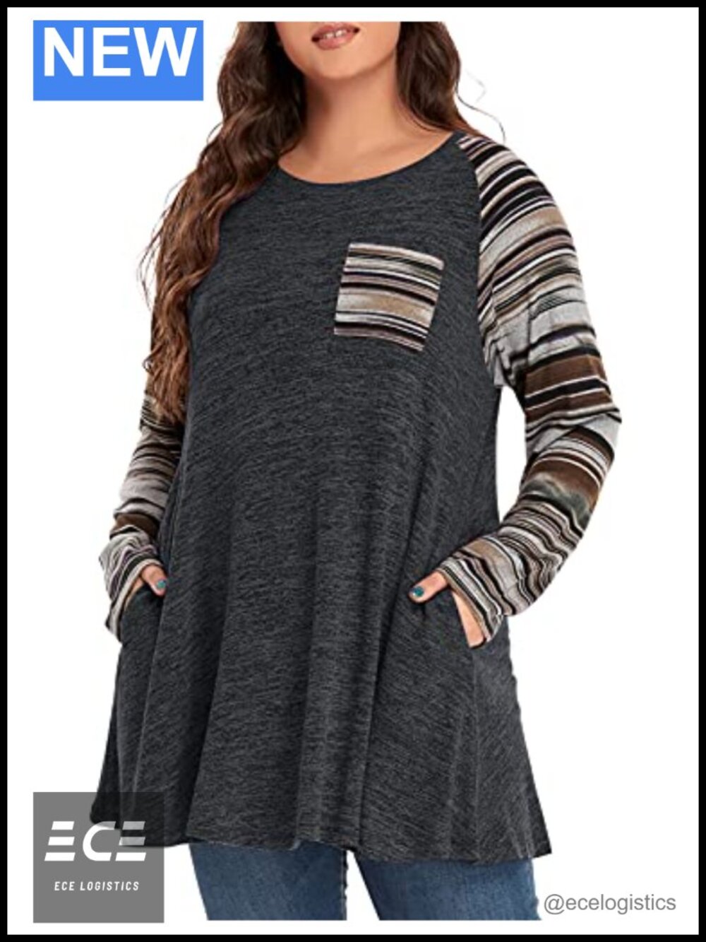 Plus Size Long Sleeve Tunic Top Color Block Loose Fit Pullover